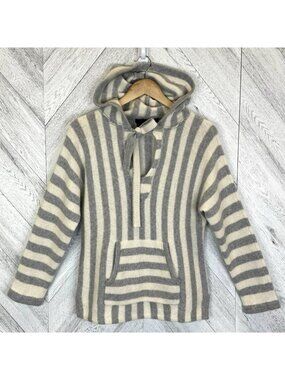 360 Cashmere Hooded Sweater Knit Pullover Womens Small Long Sleeve Gray Striped